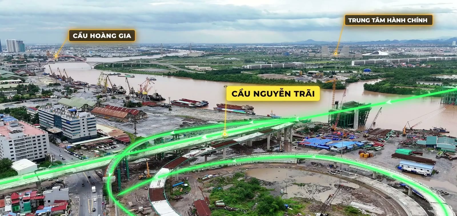 Sơ đồ vị trí cầu Nguyễn Trãi vượt sông Cấm Hải Phòng, đường dẫn màu xanh chạy từ ngã 6 Lạc Viên qua sông sang trung tâm hành chính mới Thủy Nguyên, cầu Hoàng Gia nằm phía xa bên trái